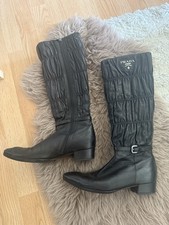 PRADA Black Leather Knee High Riding Boot Buckle Logo Zipper Women's EU 39.5
