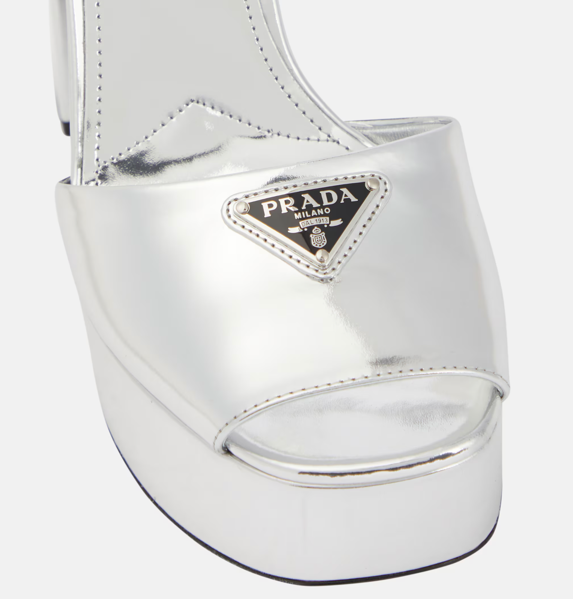 Prada 135mm Metallic Silver Logo Platform Sandal Ankle Strap Block
