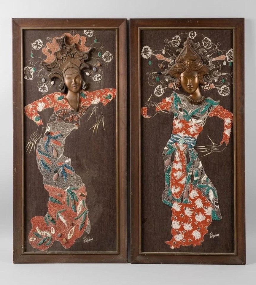 A matched set of authentic vintage Balinese dancer wall art — the kind of mid-century exotica that interior designers hunt estate sales for.