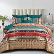 Boho Size Comforter Set 8 Pieces - Queen Green  Brown - Queen Striped Bed