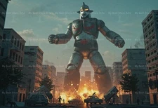 STEAMPUNK ROBOT ART PRINT, Surreal Giant Robot Poster, Fantasy Sci-fi Decor G112