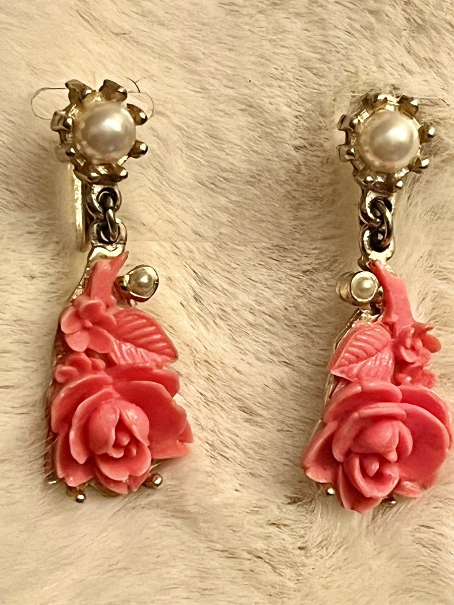 Boucles D'oreilles Vintage Années 60 - Fausses Perles, Motif Floral, Doré, Clips