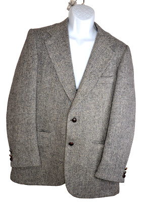 Harris Tweed Blazer Black White Sport Coat Jacket Wool Two Button 42 R Vtg
