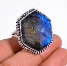 Hexagon Labradorite Gemstone Ring 925 Sterling Silver Statement Boho Rings