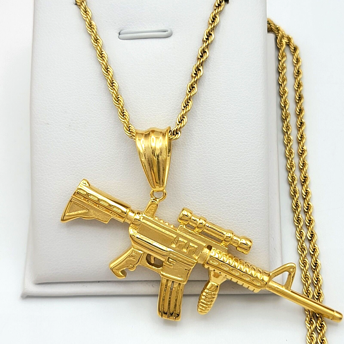 Stainless Steel Gold Plated Gun AK47 Pendant Necklace Punk