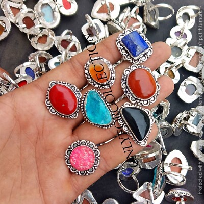 Malachite & Mix Gemstone 925 Sterling Silver Plated Wholesale Assorted Rings Lot