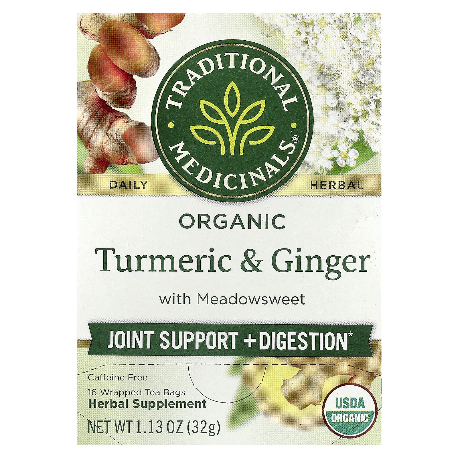 Органическая куркума и имбирь с таволгой без кофеина 16 пакетиков чая в упаковке 2490₽