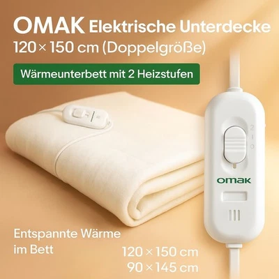 OMAK Elektrische Unterdecke | 2 Heizstufen | Wärmeunterbett - XXL wählbar | Weiß