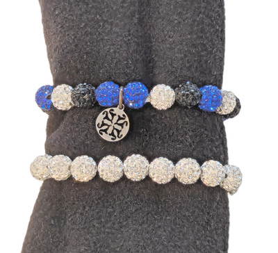 Rustic Cuff Shamballa Beaded Bracelet Set Blue Silver Black