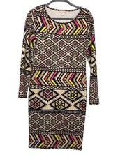 Gianni Bini Womens Dress M Long Sleeve Geometric Sheath Stretch Brown Black