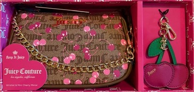 Juicy Couture Brown Pink Green Gold Leather Cherry Print 2-Piece Accessory Set