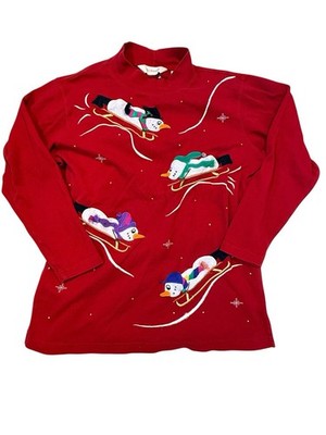 Bechamel Christmas Top Mock Neck Sledding Snowman Applique Retro M