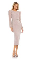 Mac Duggal 93622 Long Puff Sleeve Pearl Beaded Midi Dress Lilac size 20