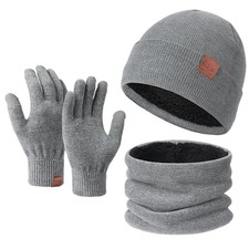 Winter Knit Beanie Hat Gloves Set for Men Women, Neck Warmer Scarf and Gray
