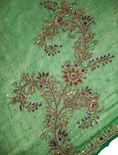 Grüner Chiffon Dupatta: Rosa Blumenstickerei, indischer Hochzeitstuch LD7258