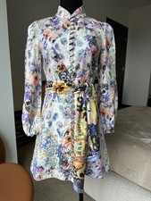 Zimmermann Linen Dress Size 0 Floral High Neck Belted Long Sleeve