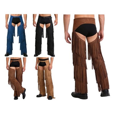 Western Cowboy Chaps Men Assless Layered Fringe Motorcycle Chaps Pants Costume