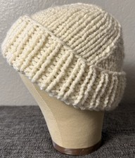 Hand Knit Ivory Acrylic Beanie Slouchy Watch Cap Cuffed Winter Hat Large