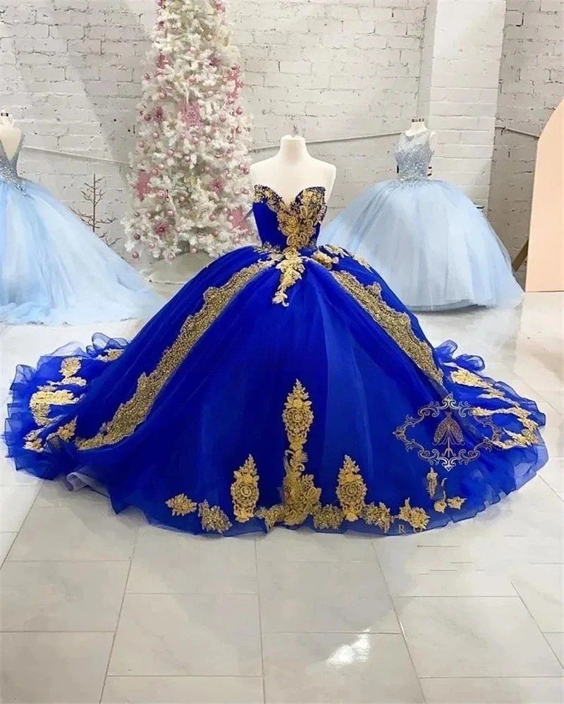 Vestidos de quinceañera azul real con encaje dorado novia con cordones vestido dulce 16