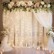 20x8ft White Tulle Backdrop Curtain with Lights String for Parites, Sheer Pho...