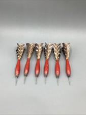 Vintage Red Wood Handle Feather Throwing Darts Set of  (6) Steel Tip Primitive