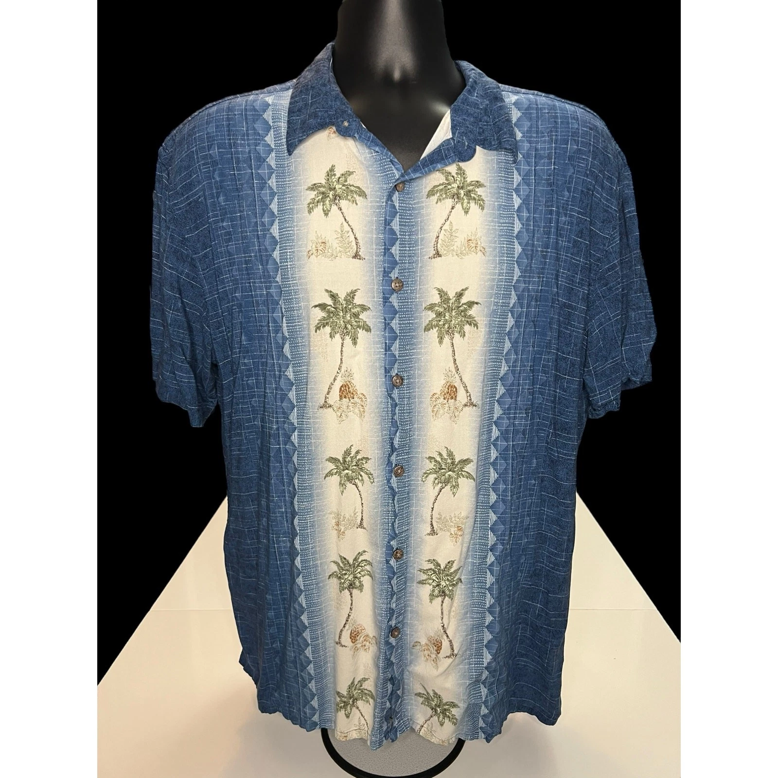 Island Shores Palm Tree Hawaiian Shirt XL Blue Rayon Tropical Aloha Vacation
