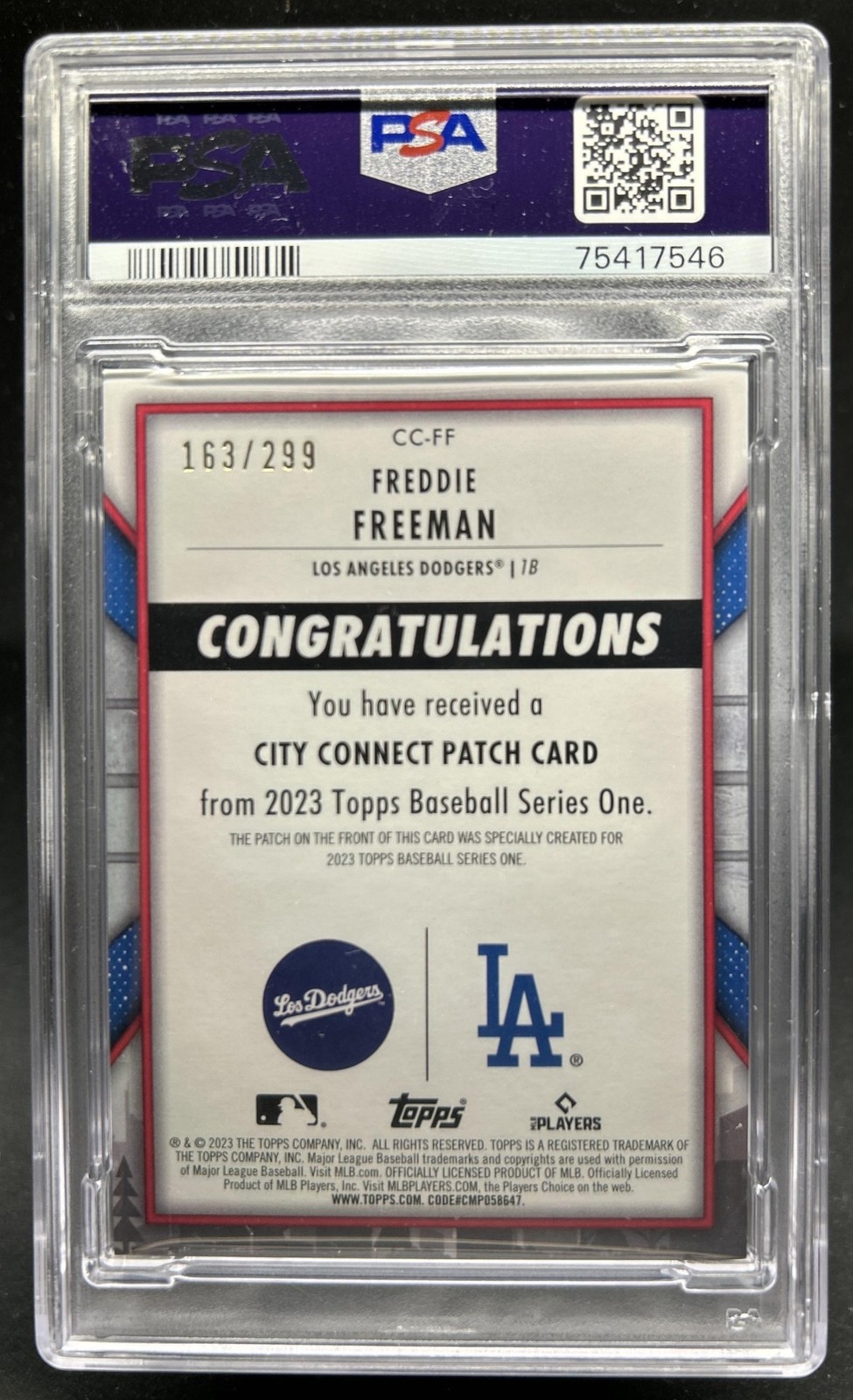 2023 Topps Freddie Freeman City Connect Commemorative Patch Black #/299 PSA 8 view 2