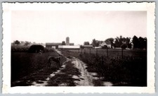 Vtg B&W Snapshot Dog Standing Dirt Road Farm Farmhouse Silo Barn Landscape 1940s