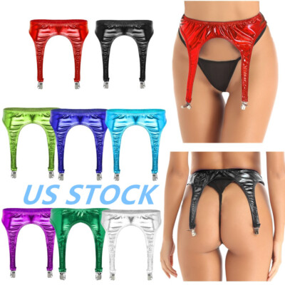Womens Sexy Shiny PVC Leather Stockings Lingerie Clips Suspender Garter  Belt