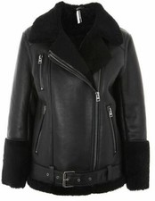 Topshop Premium Clayton Genuine Leather Shearling Biker Jacket Black (rrp $785)