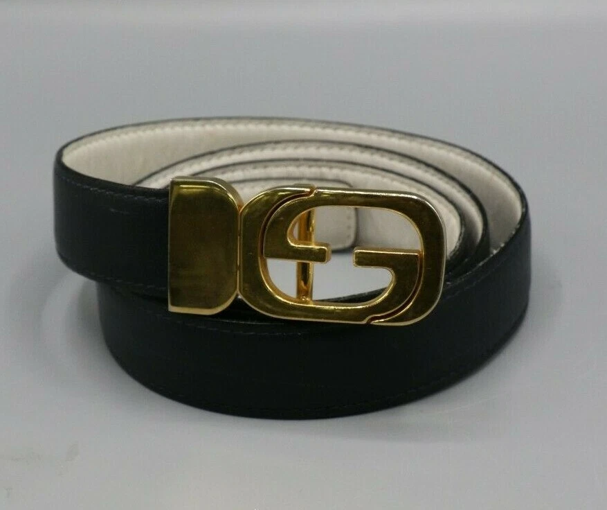 Gucci Vintage 1980 s Women s Leather REVERSABLE Belt Black White Italy
