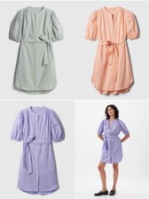 New Gap Women Linen Cotton Mini Shirt Dress Sz S Linen Cotton Belted Puff Sleeve