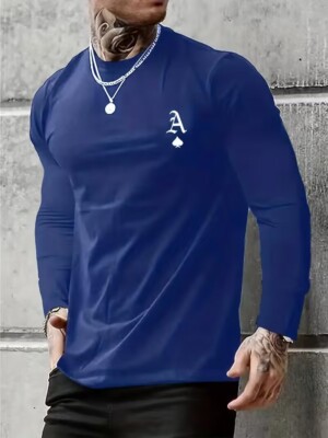 Camisetas Royal Azul Un Picas Póker Sólido Casual Moda Hombres Manga Larga Tee