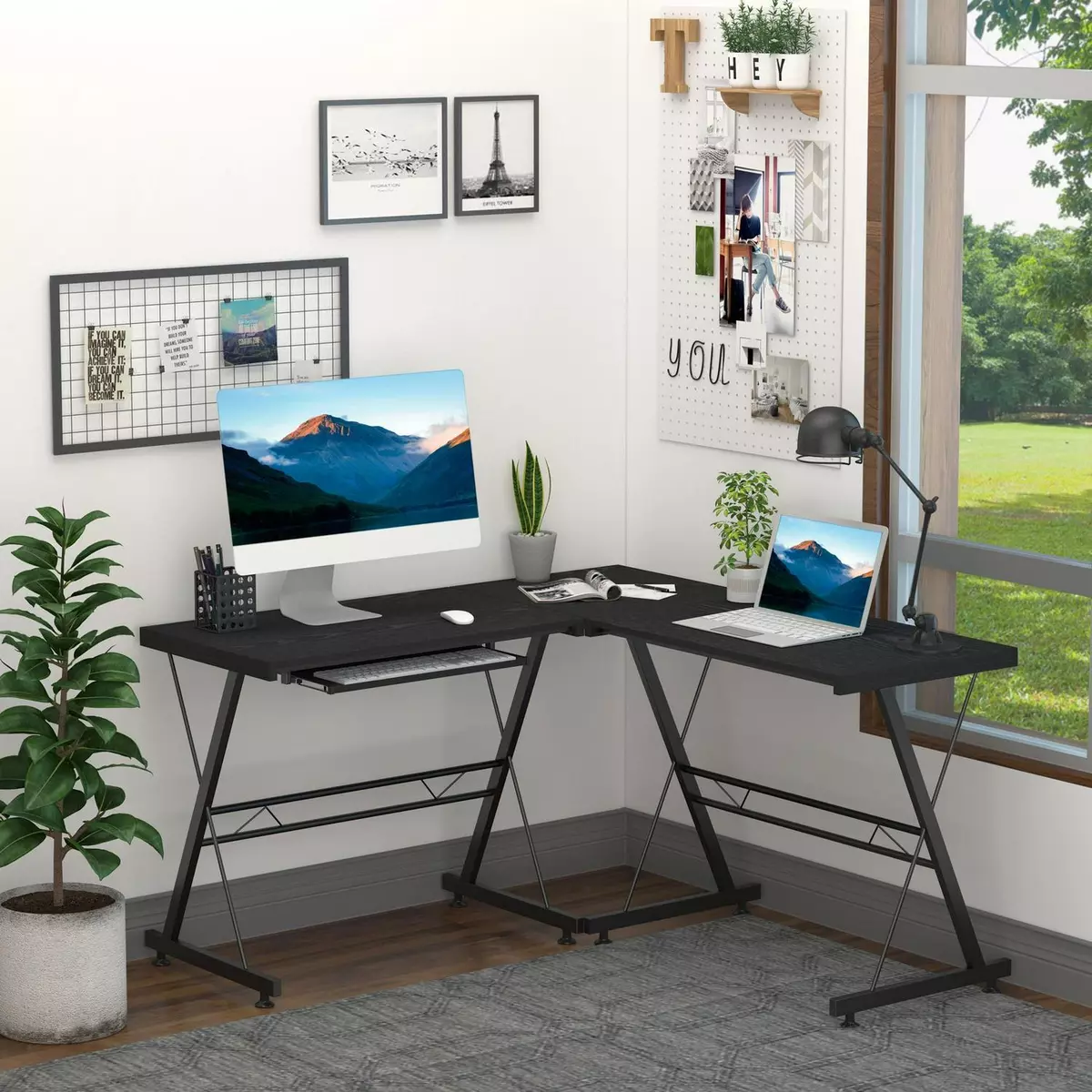 L Shape Desk Straight Corner Table Office Gaming Laminated Sturdy Black