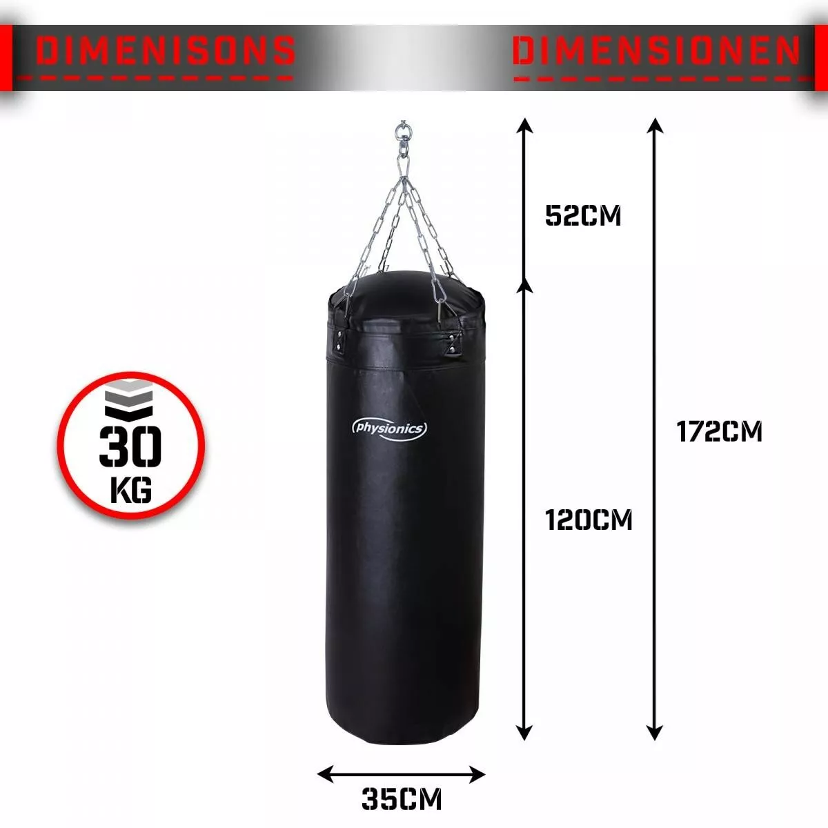 Physionics® Sac de Frappe Boxe 30kg Rempli 120cm avec Chaîne MMA Kickboxing