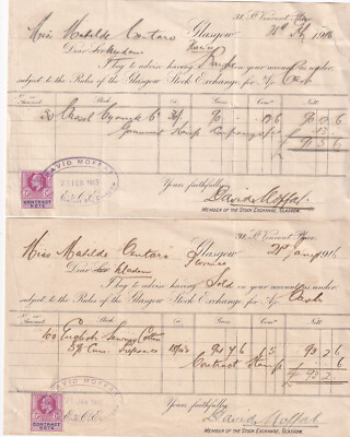 C15032-SCHOTTLAND, 2 RECHNUNGEN AUS GLASGOW, DAVID MOFFAT STEMPEL, JANUAR 1915, 1916