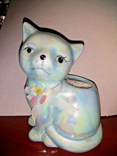 RARE Vintage Powder Light Blue CAT PLANTER FIGURINE Pearlescent Iridescent - Picture 1 of 8