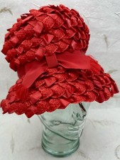 VTG 1960  s Cloche Woven Straw Ribbon Hat Genevieve Original Red With Ribbon Bow
