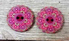 flowers boho wood sewing buttons 2 holes 1 inch (set #1310) 2pc