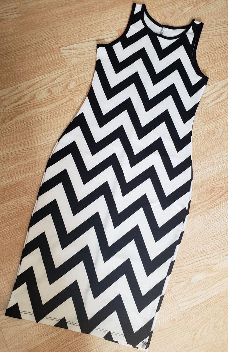 Women Size S black & white high neck bodycon midi chevron print sleeveless  dress | eBay