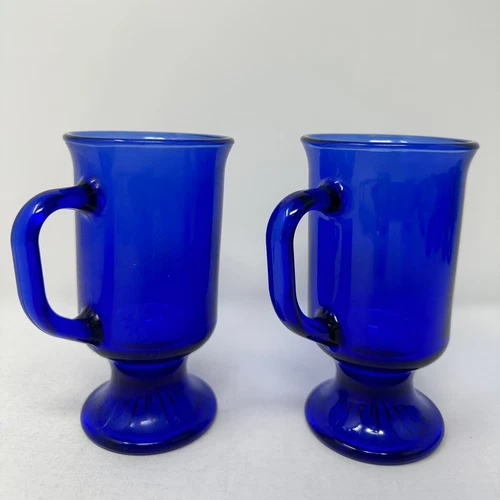 VTG SET OF 2 ANCHOR HOCKING COBALT BLUE GLASS IRISH COFFEE MUG CUP