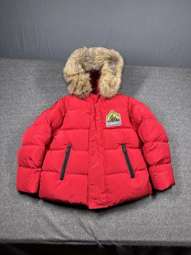 DSquared2 Arctic Aten Puffer Jacket uomo taglia 48 rosso pelliccia di procione piumino d'oca