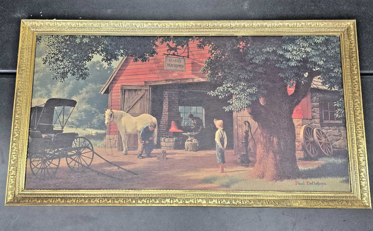 Vtg Paul Detlefsen HORSE & BUGGY DAYS Blacksmith 52”x28” Gold