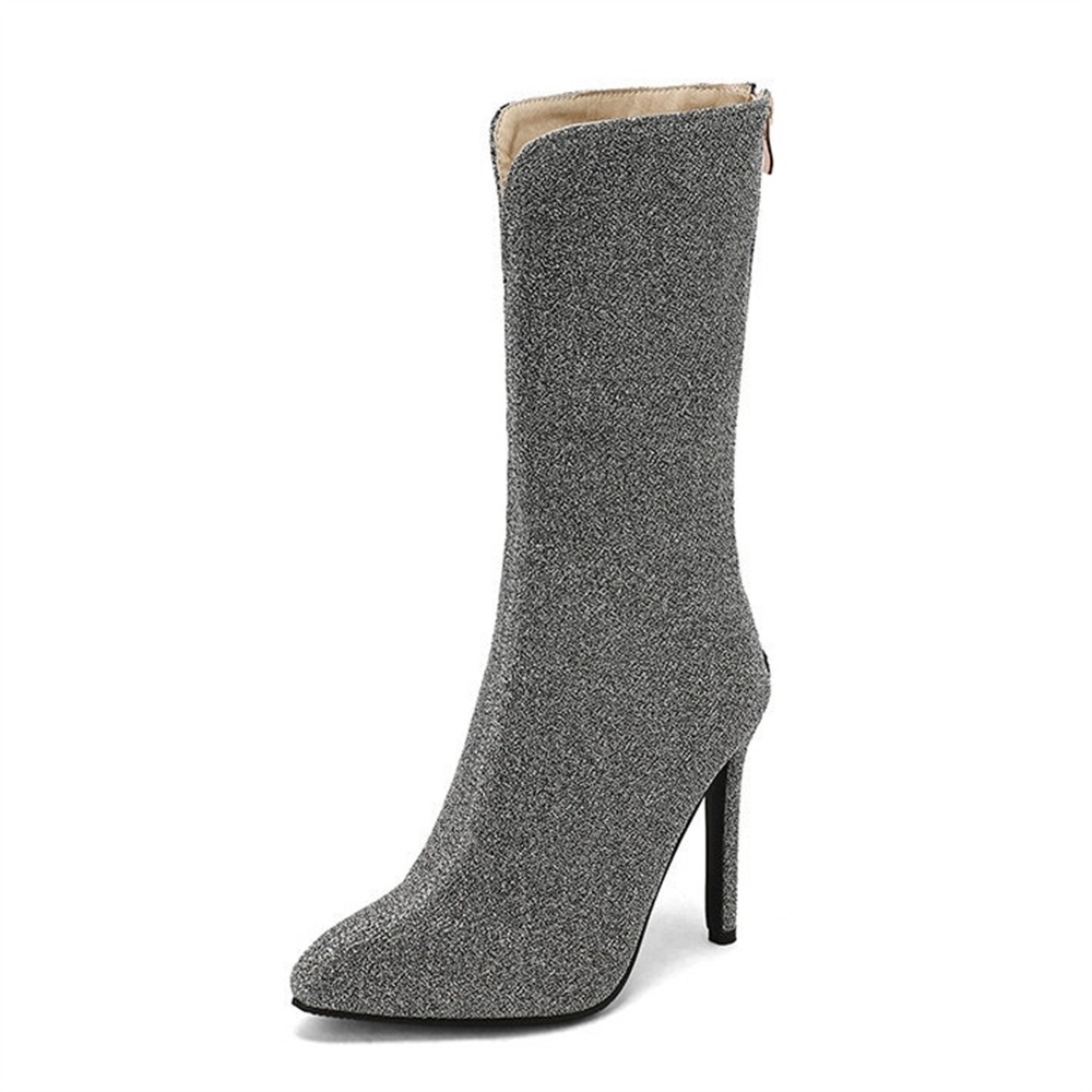 Women's Glitter Pointed Toe Stiletto Sock Boots Mid Calf Zip Up Winter Shoes