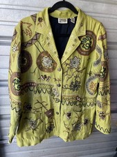 Vintage CHICO'S Lined 100 Silk Embroidered Green Tapestry Jacket Size 2