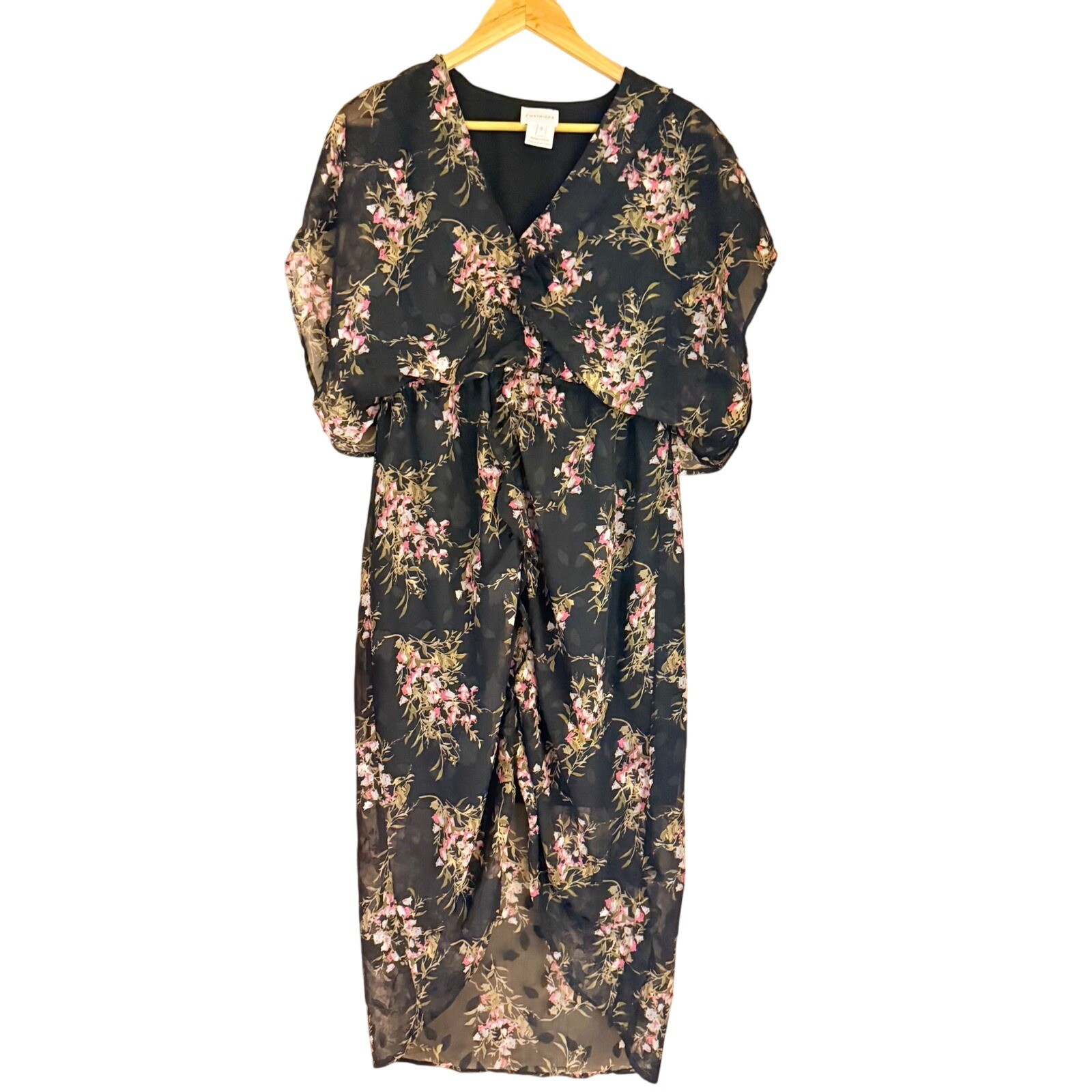 Foxiedox Black Floral Midi Dress Romantic Flutter Sleeves Size 8