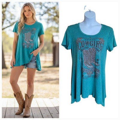 Y2K Vocal Shark Bite Tunic Shirt Teal Cowboy Boots Rhinestones Rough Riders  3X