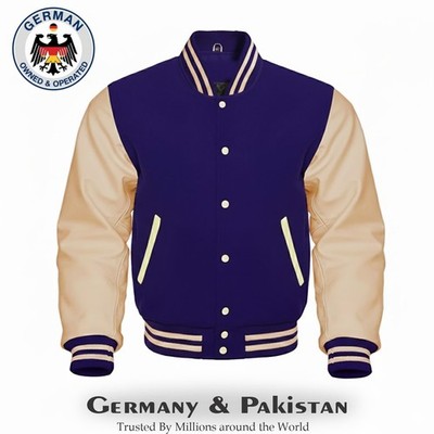 Varsity Letterman Navy Blue Wool Genuine Cream Leather Sleeves Baseball Jacket