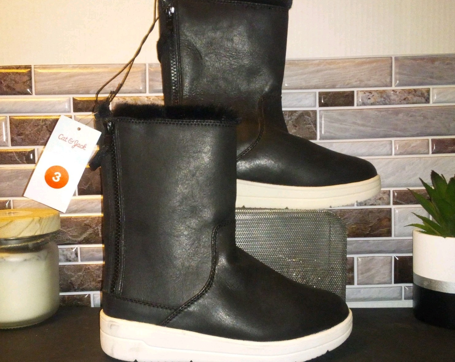 Cat & Jack Snow Boots Girls Size 3 Black Faux Fur Mid Calf Pull on Winter NWT