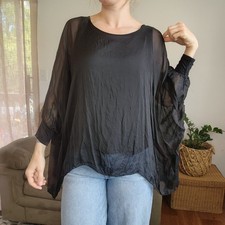 Italian Black Silk Drape Blouse Size Medium Classic Luxury